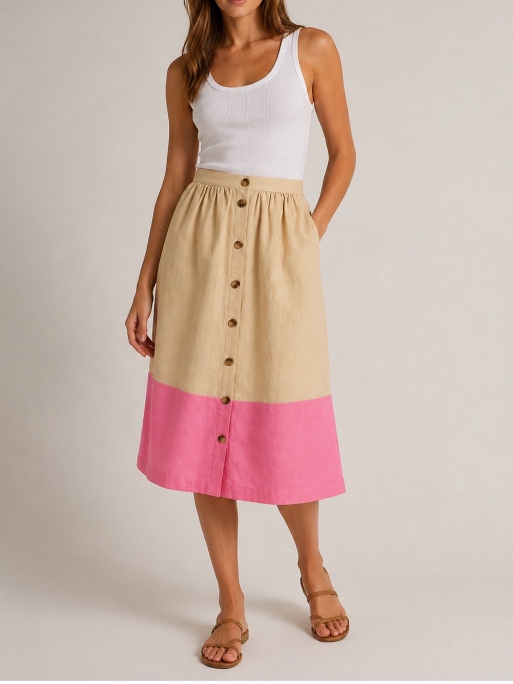 J.Crew Linen Cotton Blend Colorblock Button Front Midi Skirt NWT Pockets - Med